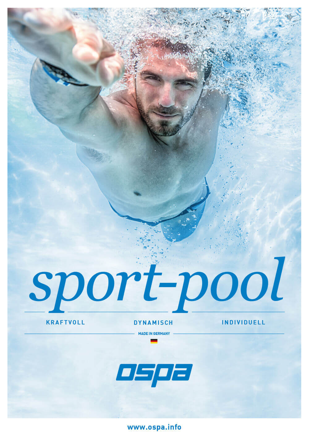 Ospa Anzeigenkampagne: dynamischer Schwimmer in Gegenstromanlage