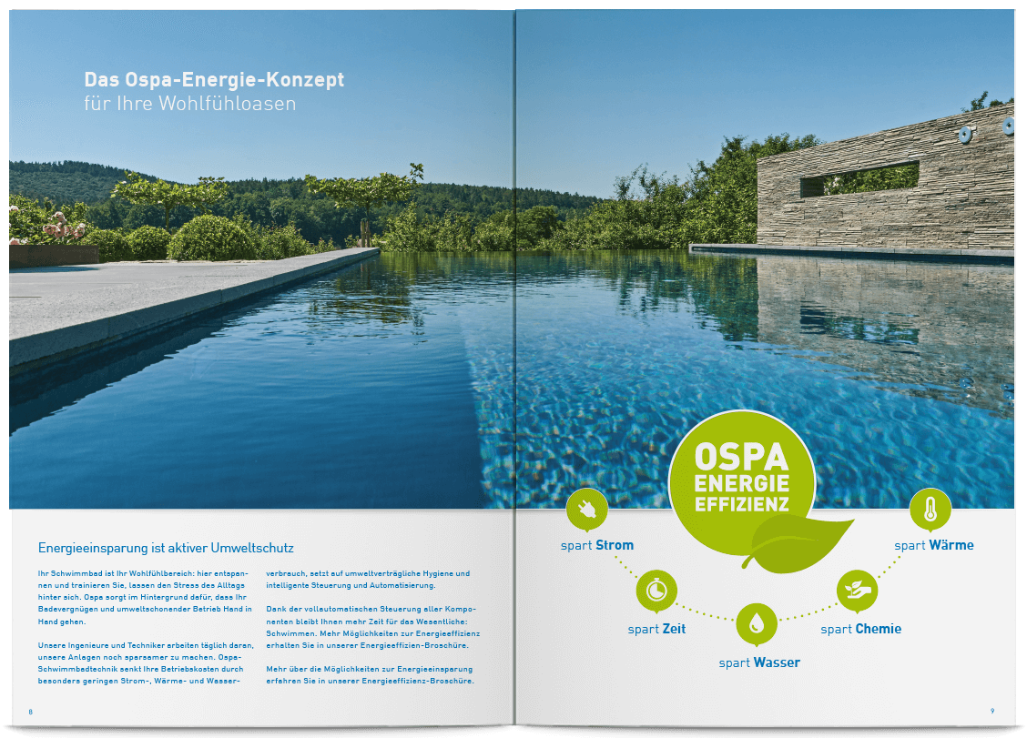 Ospa Schwimmbadträume Energiekonzept Doppelseite mit flächigem Pool-Bild, grafischer Darstellung der Ospa-Energie-Effizienz und Text auf der linken Seite