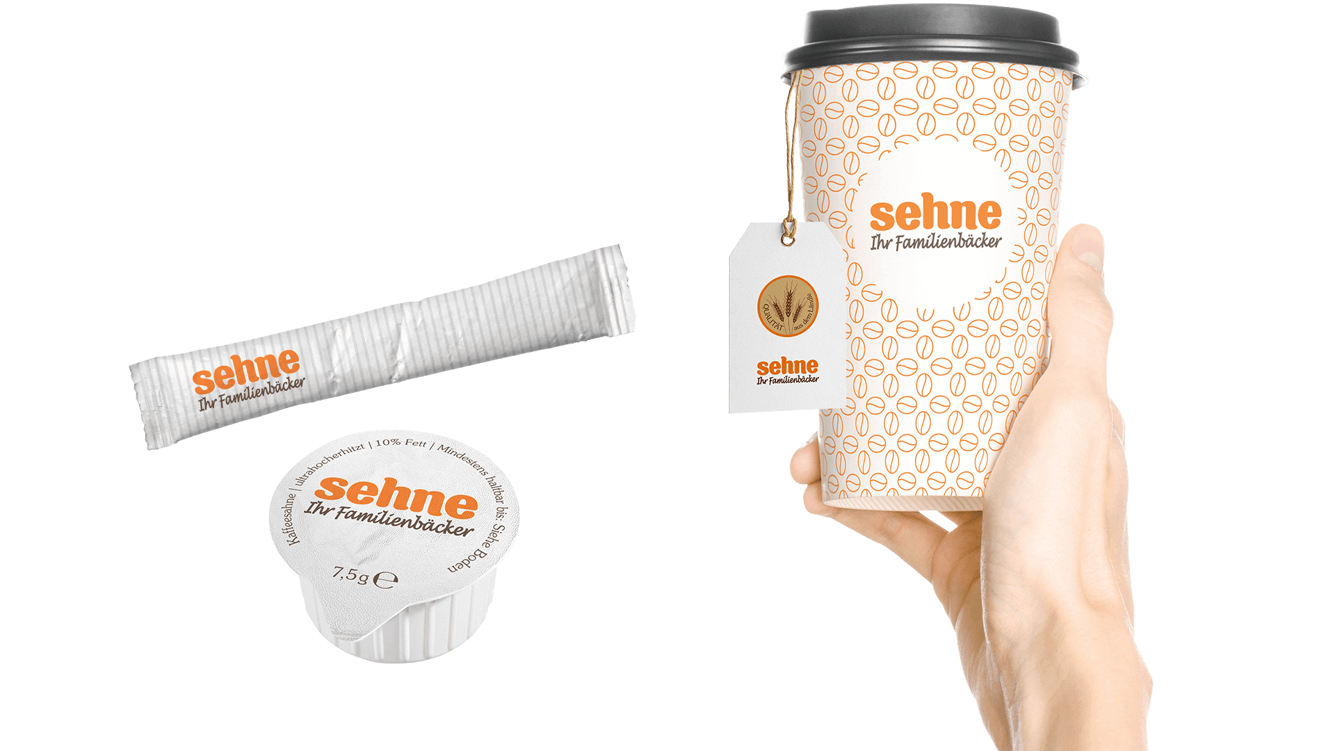 Sehne Corporate Design: Beispiele (Kaffeebecher, Zuckertütchen, Kaffeesahne)