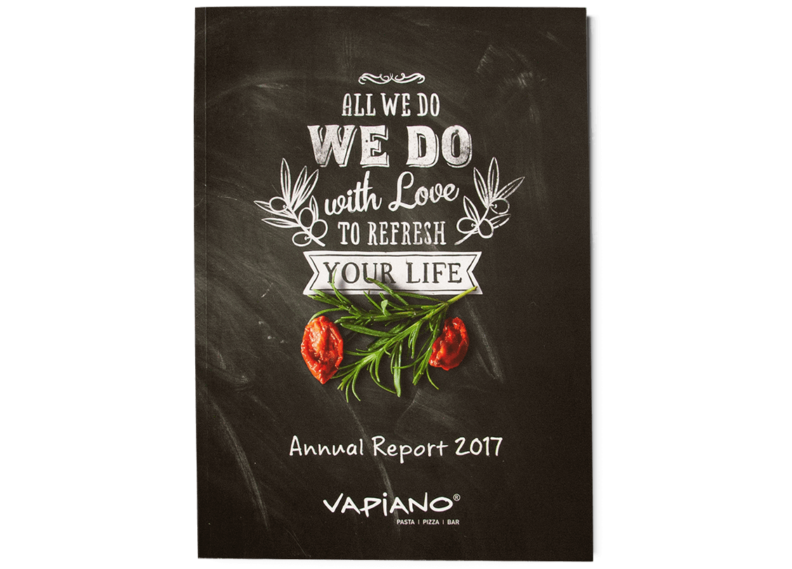 Vapiano Jahresbericht Titel: Kreidespruch mit rustikalen Details